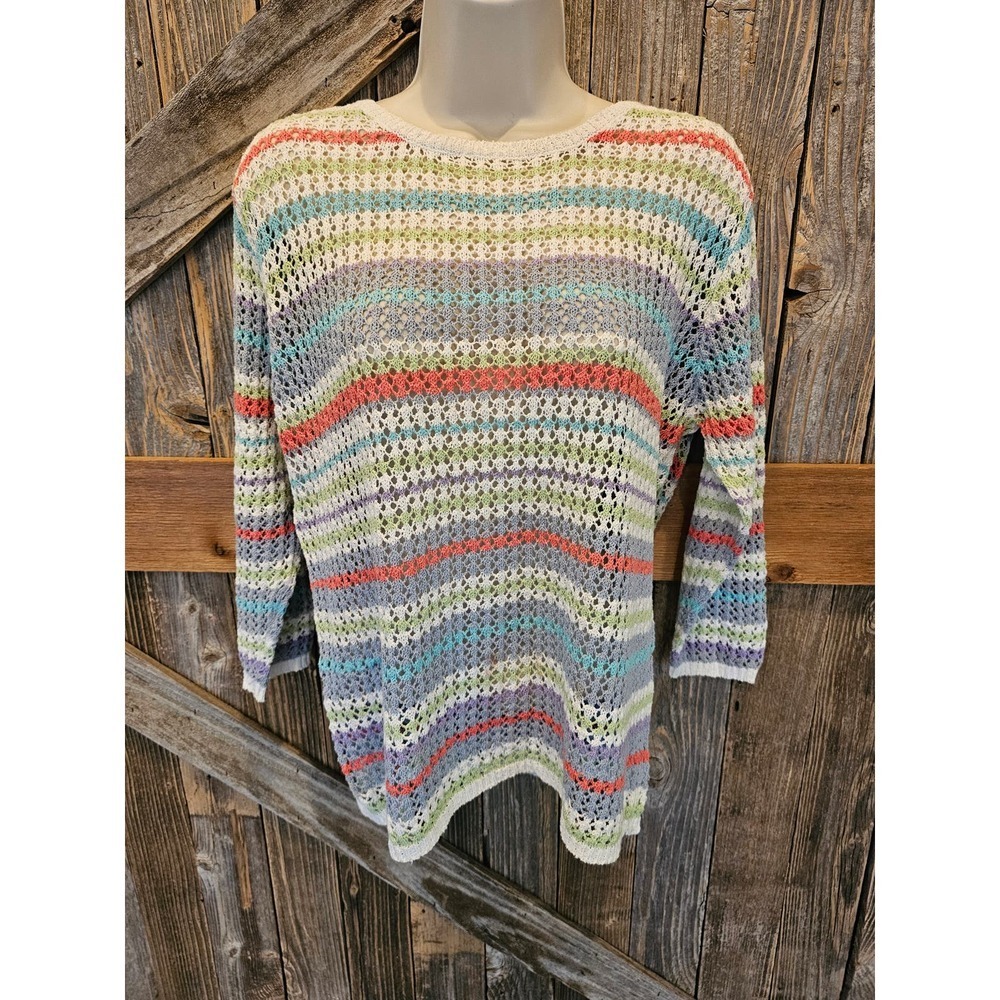 T & Company Petite Medium Loose Knit Blouse Bright Stripes 3/4 Sleeve